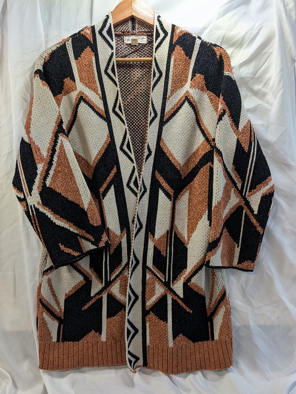Marled Open-Front Multicolored  Geometric Knit Cardigan Sweater Size M